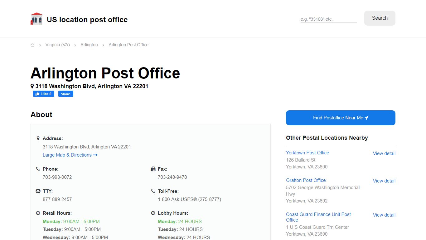 Arlington Post Office, VA 22201 - Hours Phone Service and Location