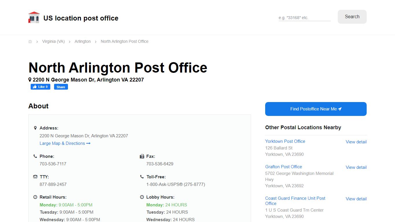 North Arlington Post Office, VA 22207 - Hours Phone Service and Location